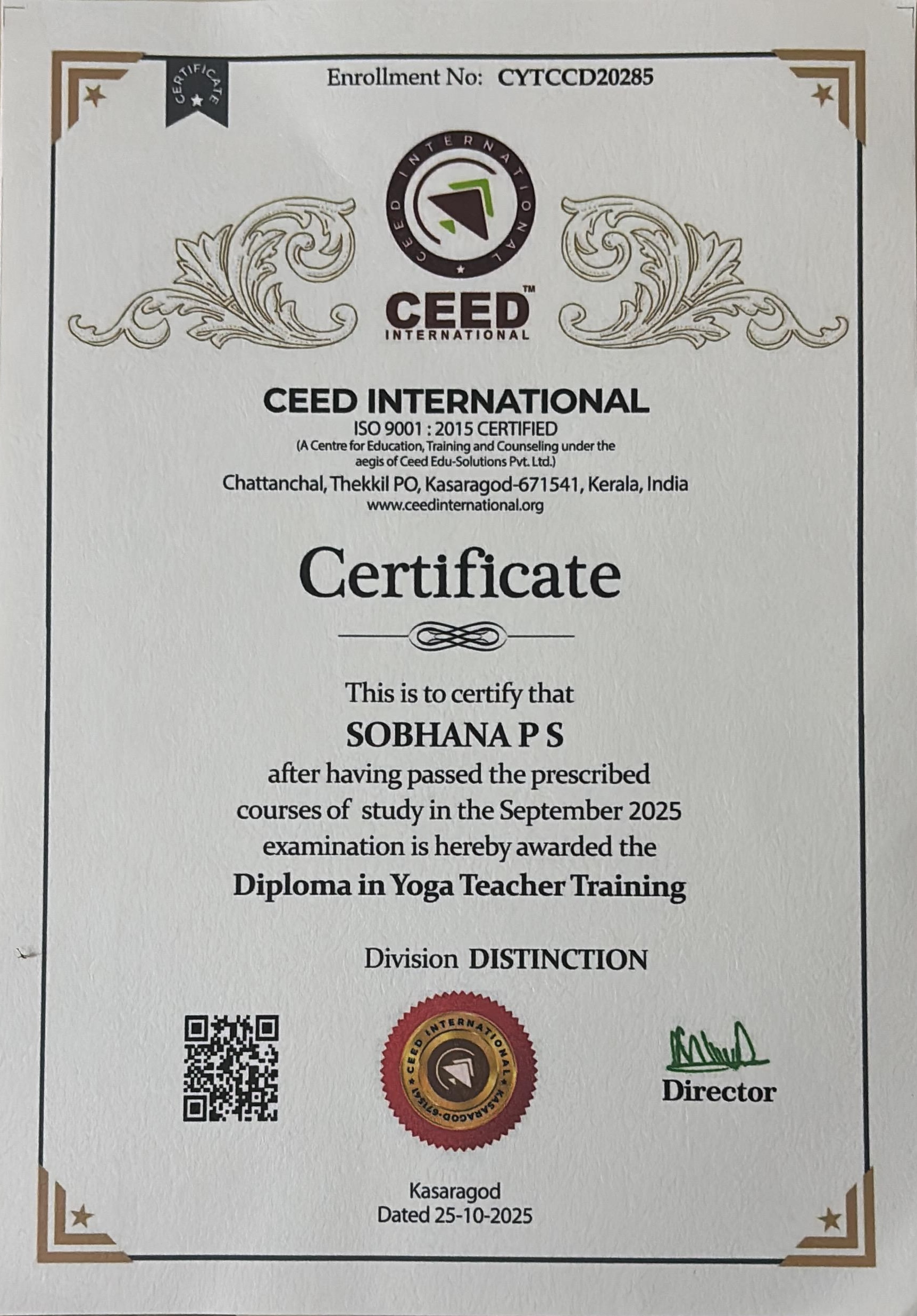 CEED International Diploma in Yoga Teacher Training - Distinction